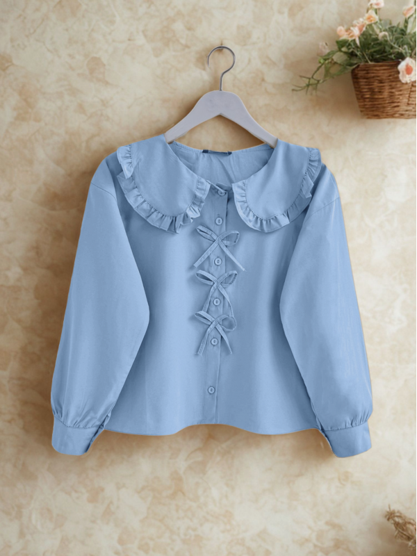 Bebe Yaka Kurdele Detaylı Gömlek  -Bebe Mavi