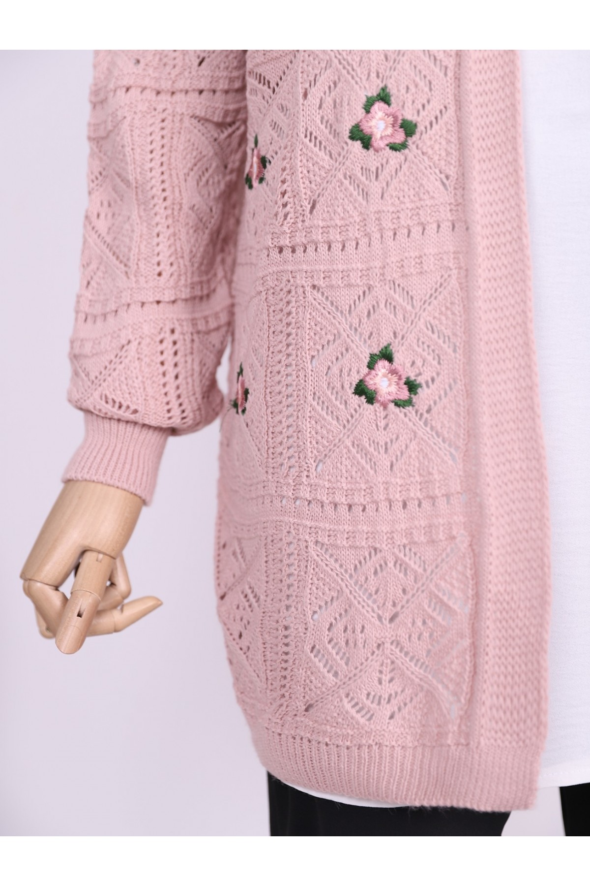 Ajurlu Nakışlı Hırka   -Pudra