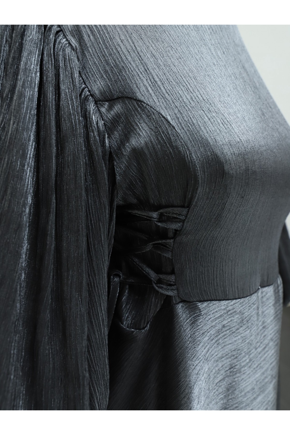 Yanları Bağlamalı Balon Kol Jakarlı Abiye -Antrasit