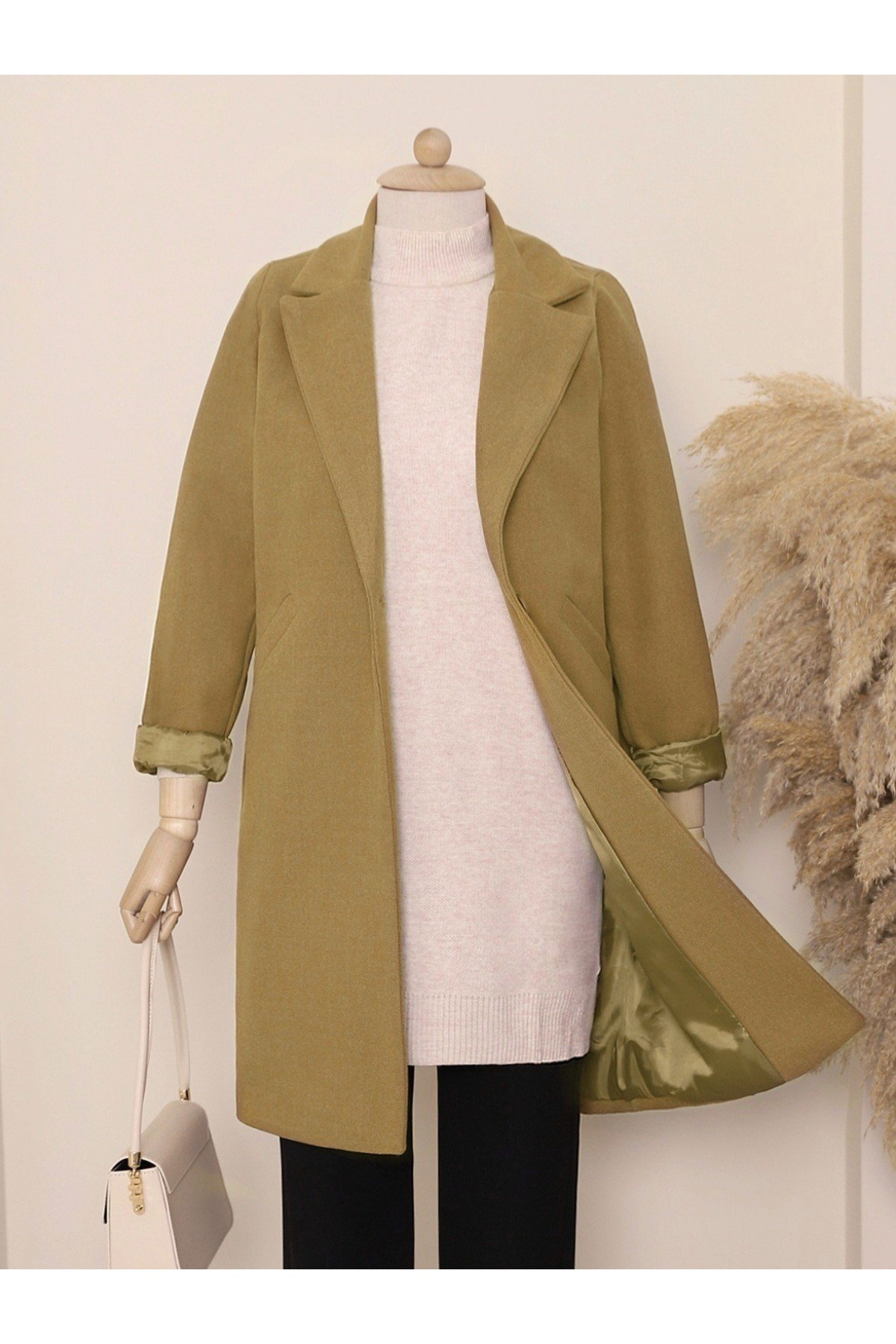 Tek Düğmeli Astarlı Kışlık Kaşe Kaban -Hardal