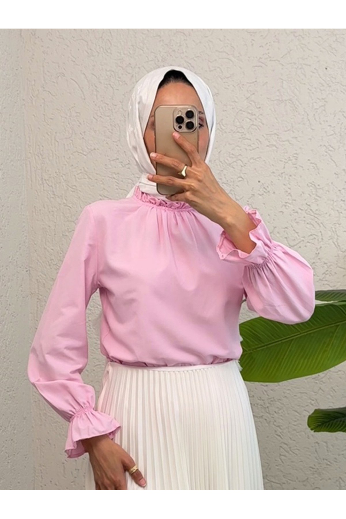 Yakası Büzgülü Bluz     -Pembe