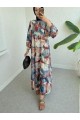 Yarım Düğmeli Kolu Lastikli Batik Desenli Elbise -Kiremit