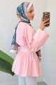 Beli Bağcıklı Boydan Taş Düğmeli Tunik -Pembe