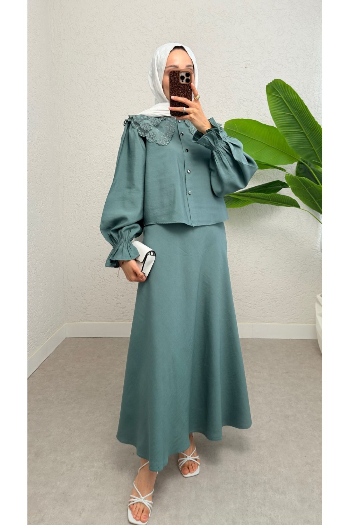 Bebe Yaka Fistolu Kolu Lastikli Bluz-Kloş Etek Takım -Mint