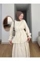 Önü Düğmeli Beli Bağcıklı Kolu Lastikli Etekli Dantelli Takım -Bej