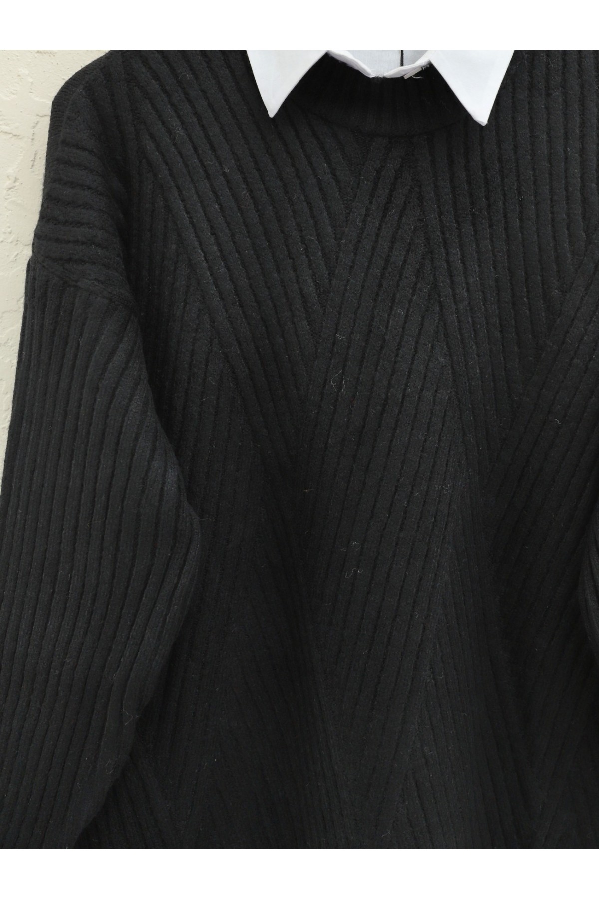 Yürütme Örgü Baklava Desenli Triko Tunik  -Siyah