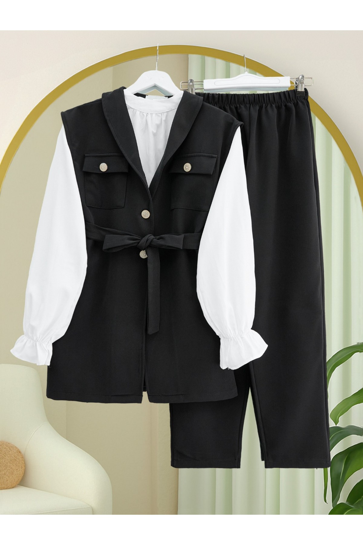 Sıfır Kol Önü Düğmeli Beli Kemerli Üçlü Takım  -Siyah