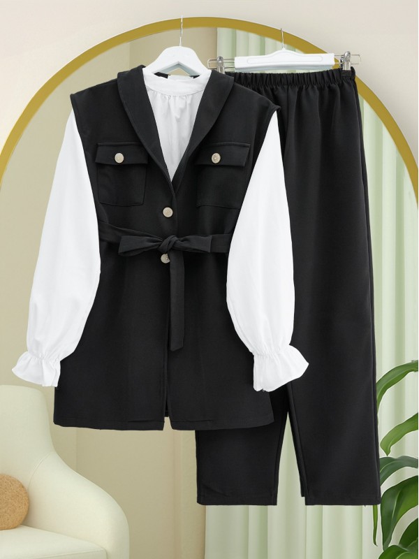 Sıfır Kol Önü Düğmeli Beli Kemerli Üçlü Takım  -Siyah