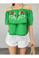Gül Nakışlı Güpürlü İp Askılı Tişort -Yeşil