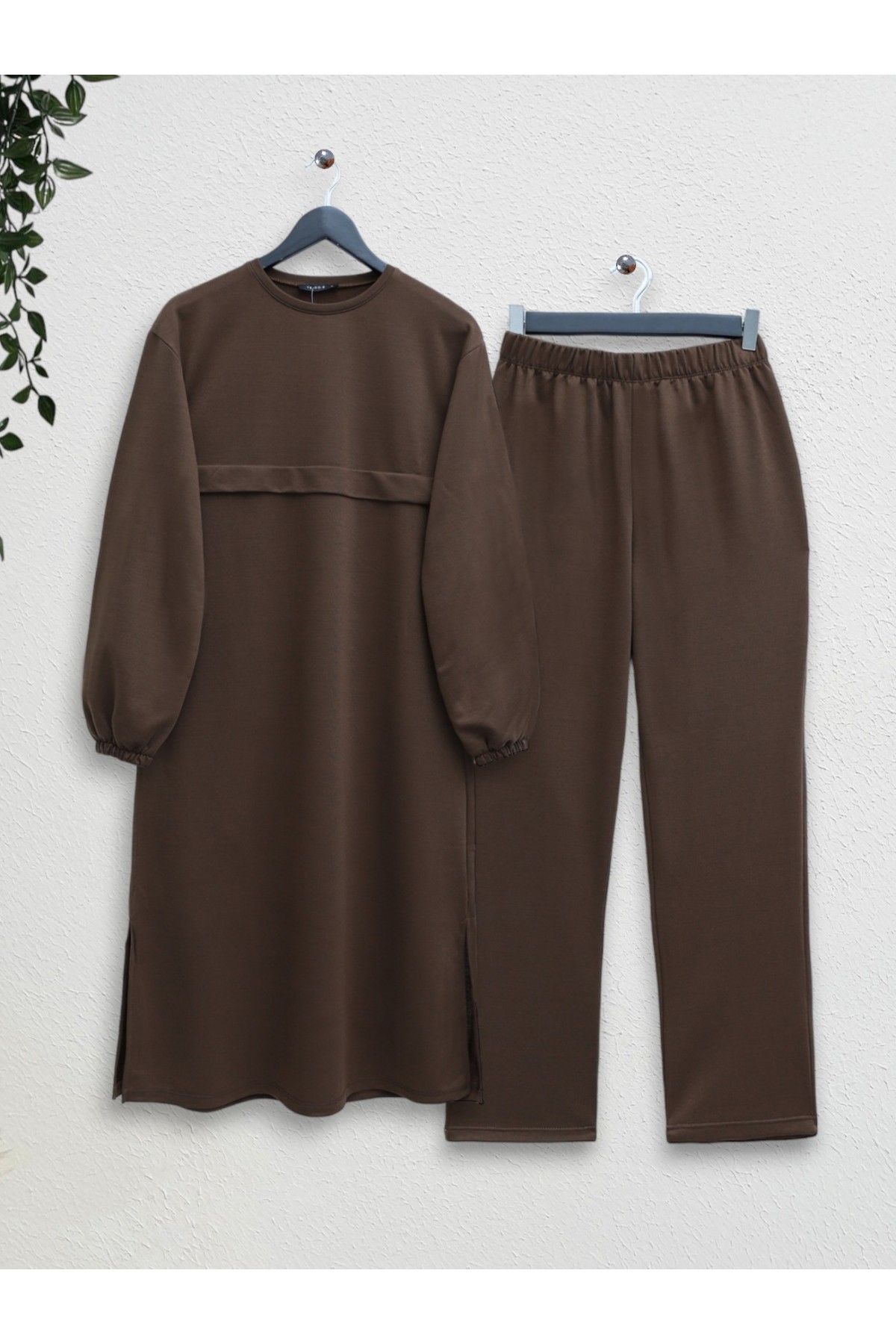 Yuvarlak Yaka Üst Uzun İki İplik Penye Takım -Kahve