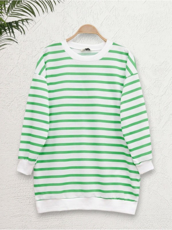 Yan Çizgili Bisiklet Yaka Sweat -Yeşil