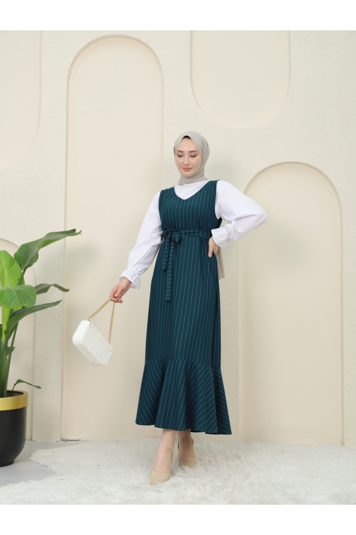 Çizgili Beli Kuşaklı Gömlek Jile Takım -Zümrüt