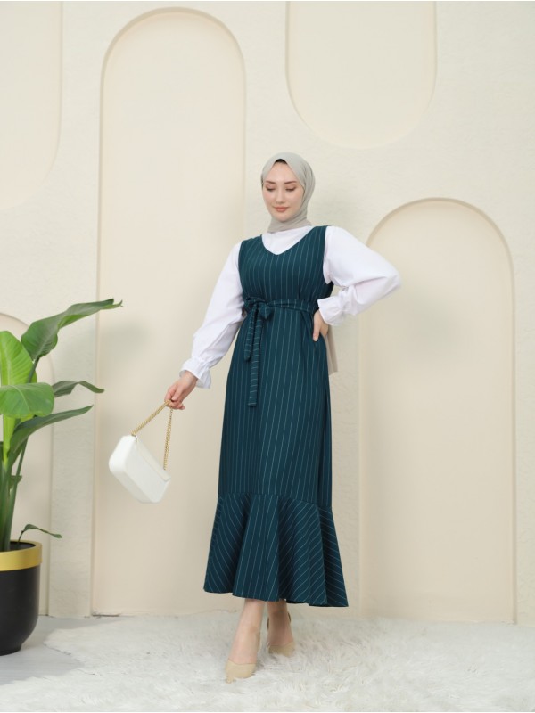 Çizgili Beli Kuşaklı Gömlek Jile Takım -Zümrüt