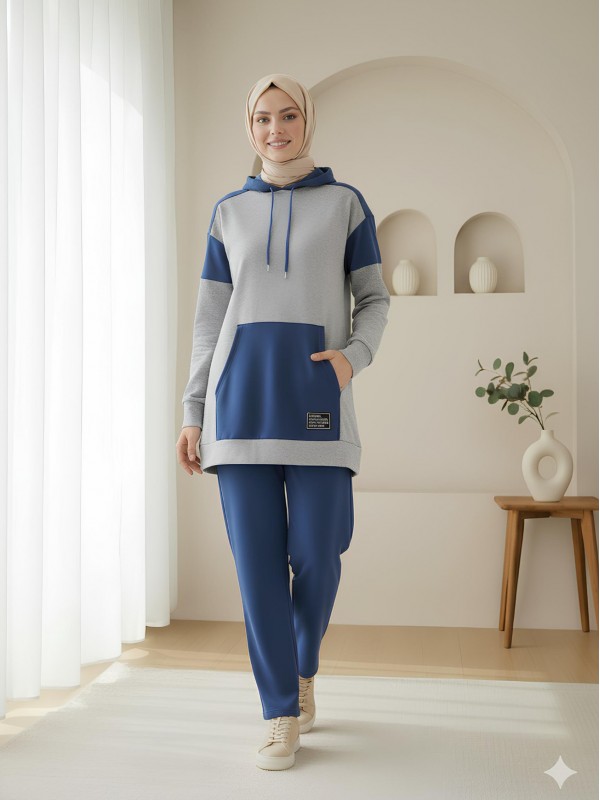 Kanguru Cepli Çift Renkli Takım -Gri