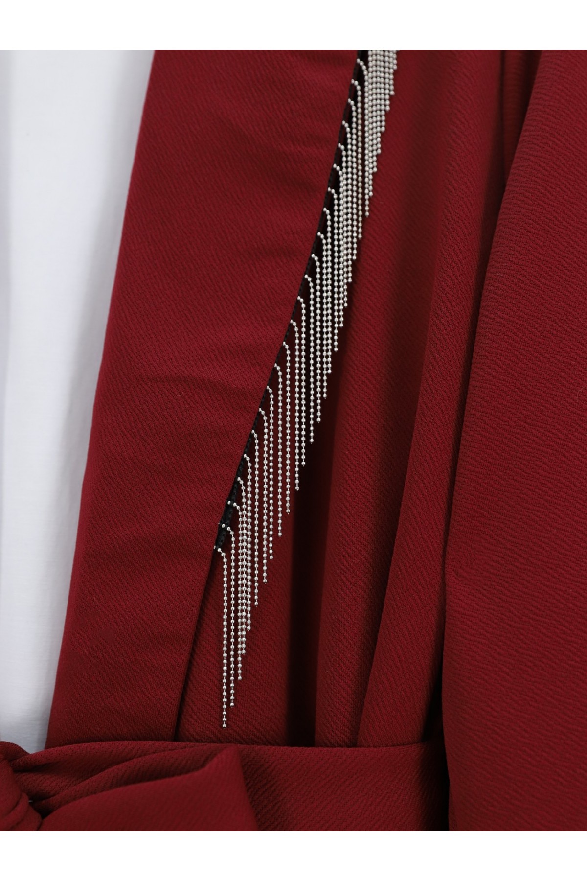 Yakası Metal Püsküllü Kemerli Ceket Pantolon Takım -Bordo