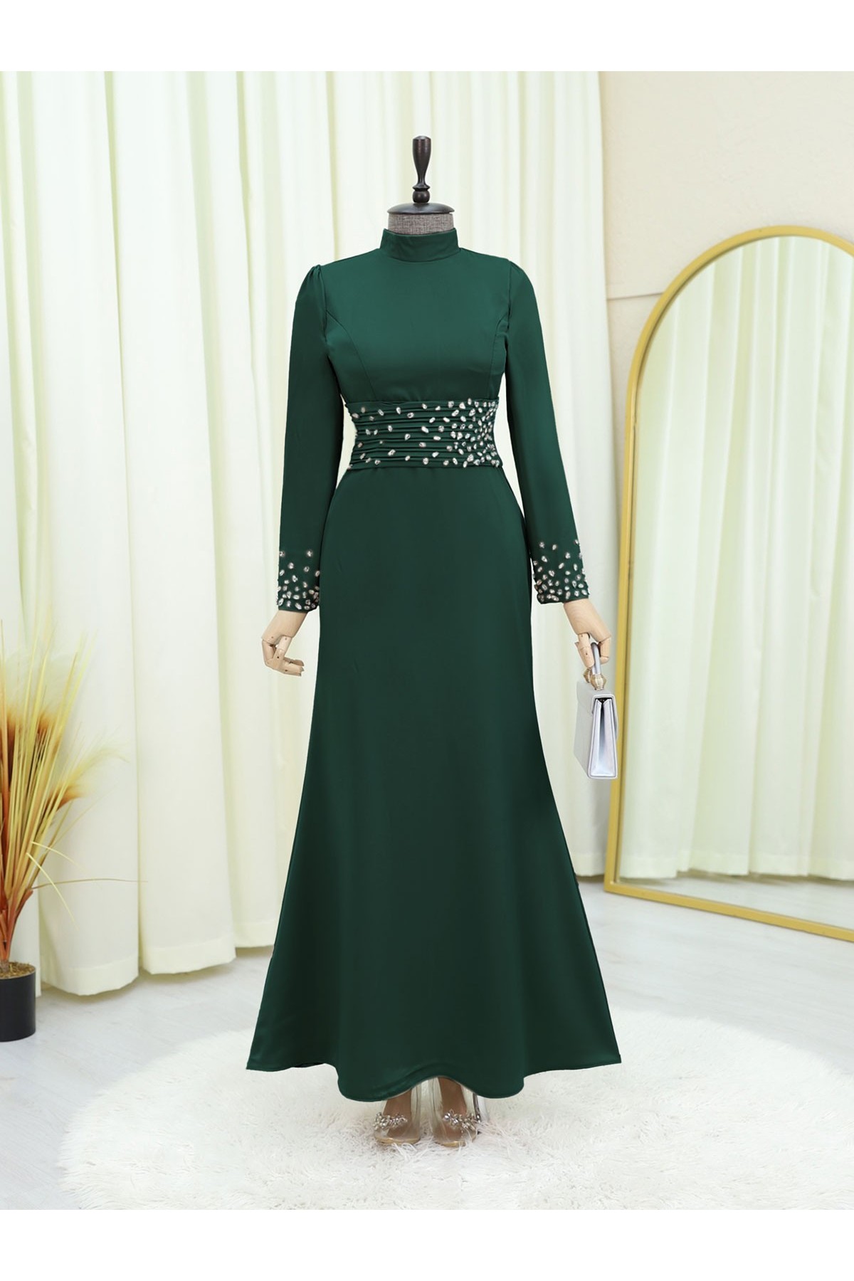 Korse Kemerli Taşlı Saten Abiye  -Zümrüt