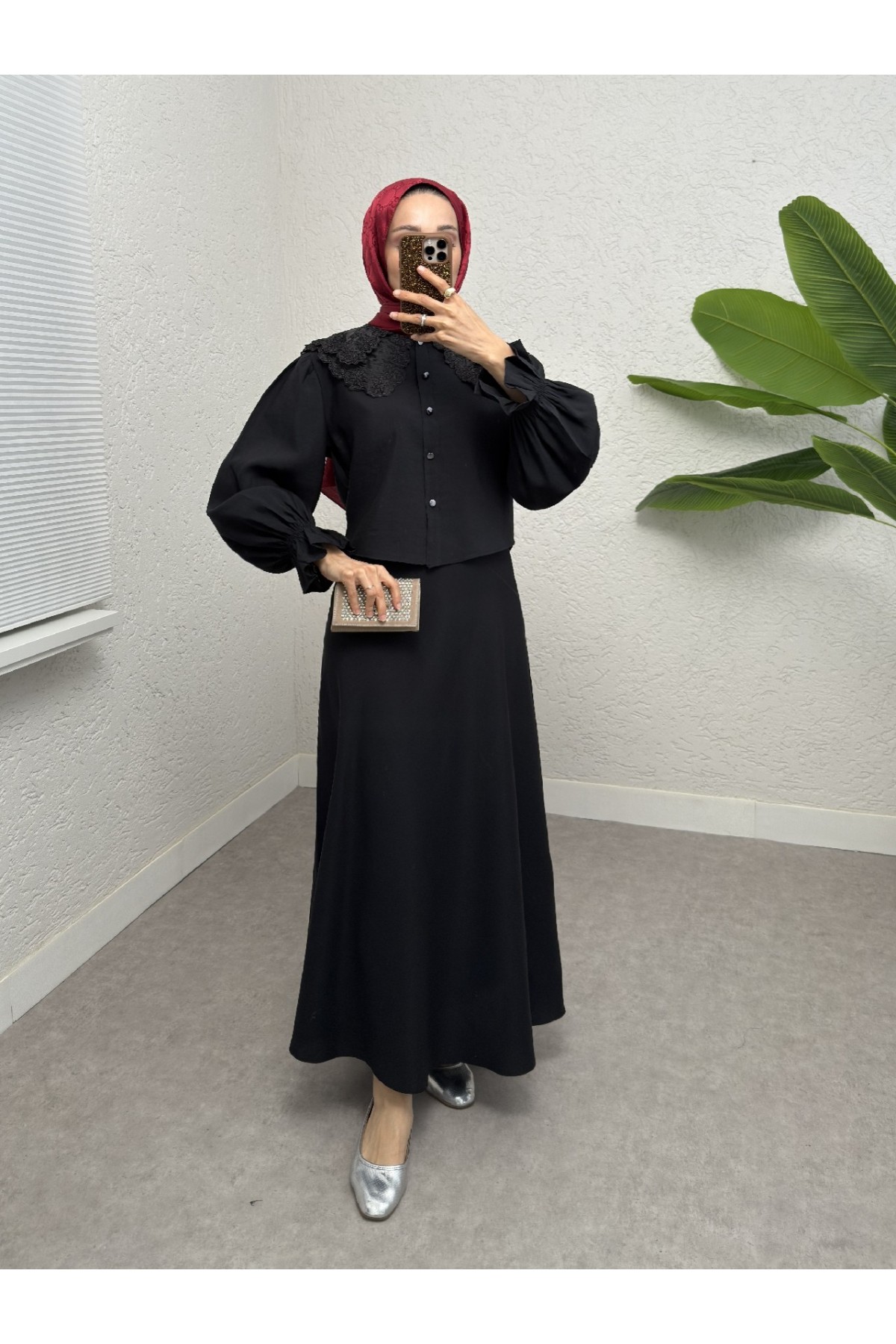 Bebe Yaka Fistolu Kolu Lastikli Bluz-Kloş Etek Takım -Siyah