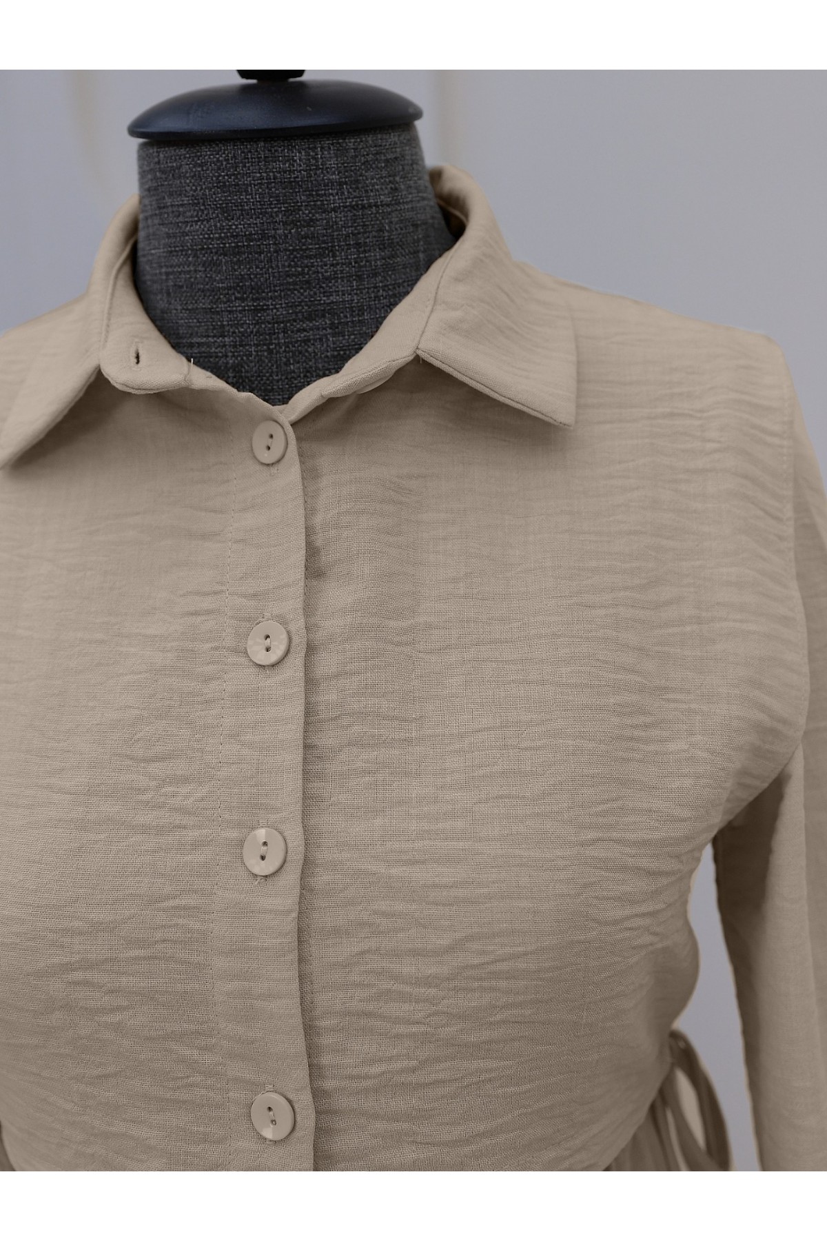 Üstü Gömlek Detaylı Elbise Takım -Vizon