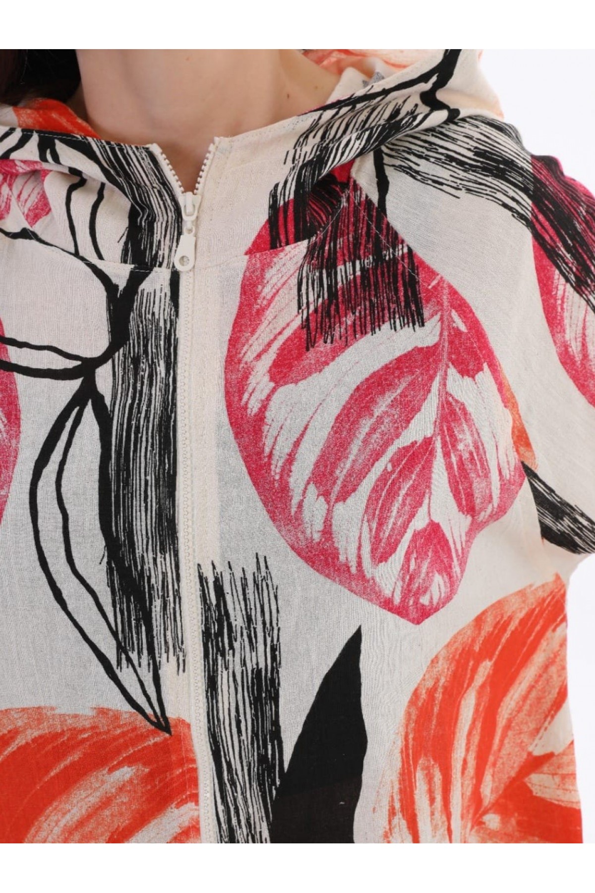 Desenli Fermuarlı Sabit Kapşonlu Keten Ceket -Turuncu