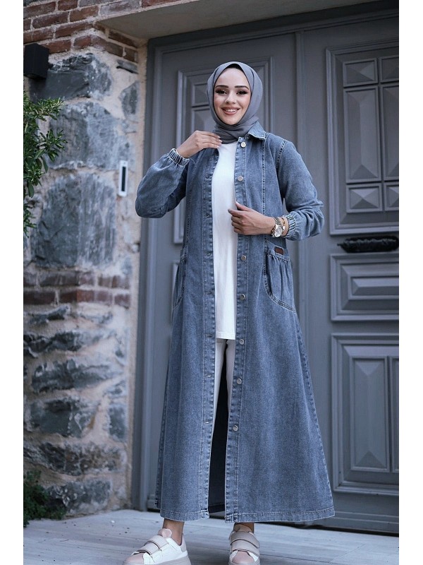 Torba Cepli Metal Düğmeli Uzun Kot Kap -Buz Mavi