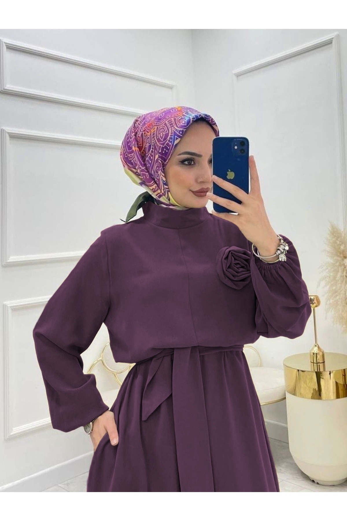 Dik Yaka Kemerli Güllü Tulum -Mor