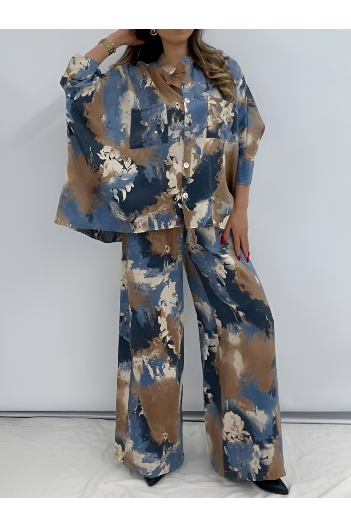 Batik Baskılı Mikro Simli Salaş Takım -Petrol