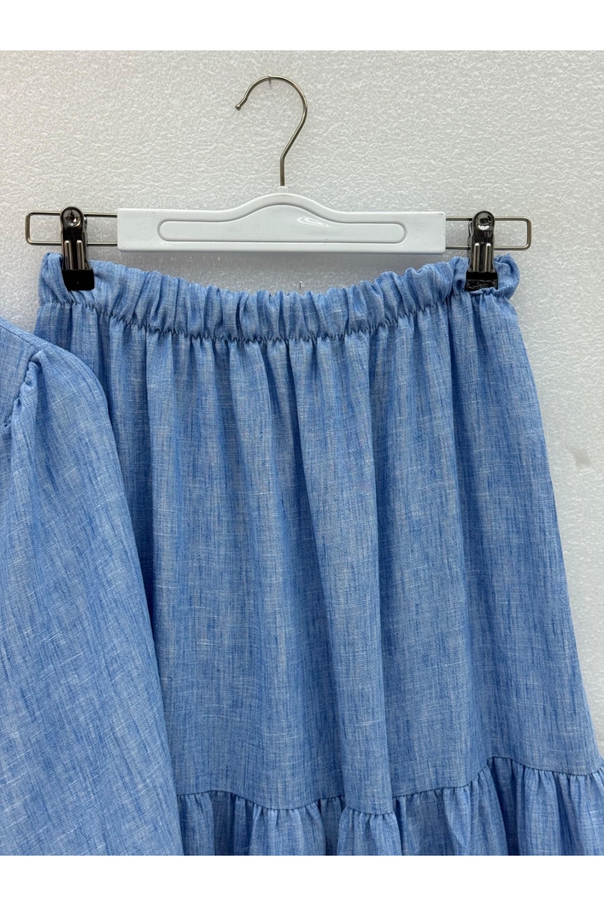 Önü Düğmeli Kolu Lastikli Tünel Bağcıklı Keten Takım -Mavi