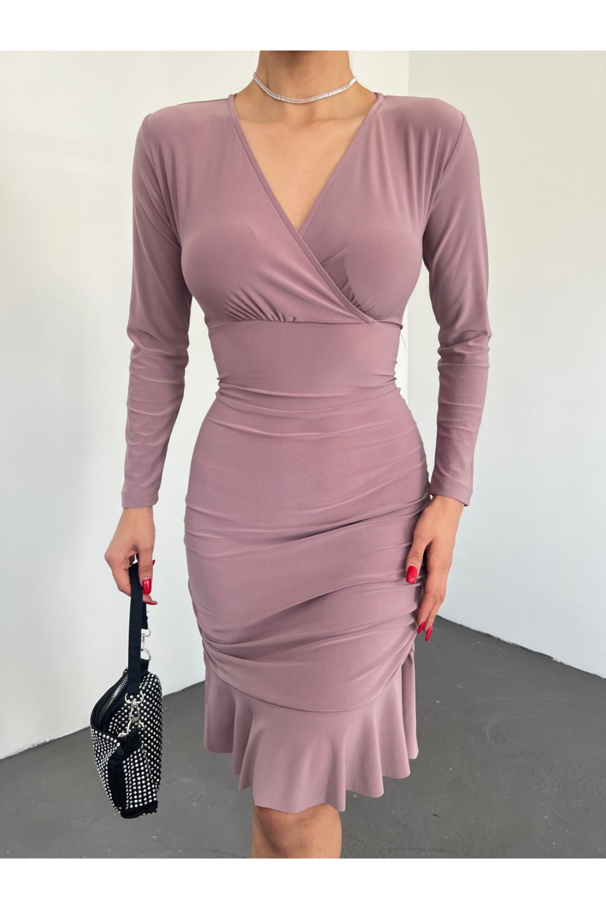 Yanları Lastikli Eteği Volanlı Sandy Mini Elbise -Vizon