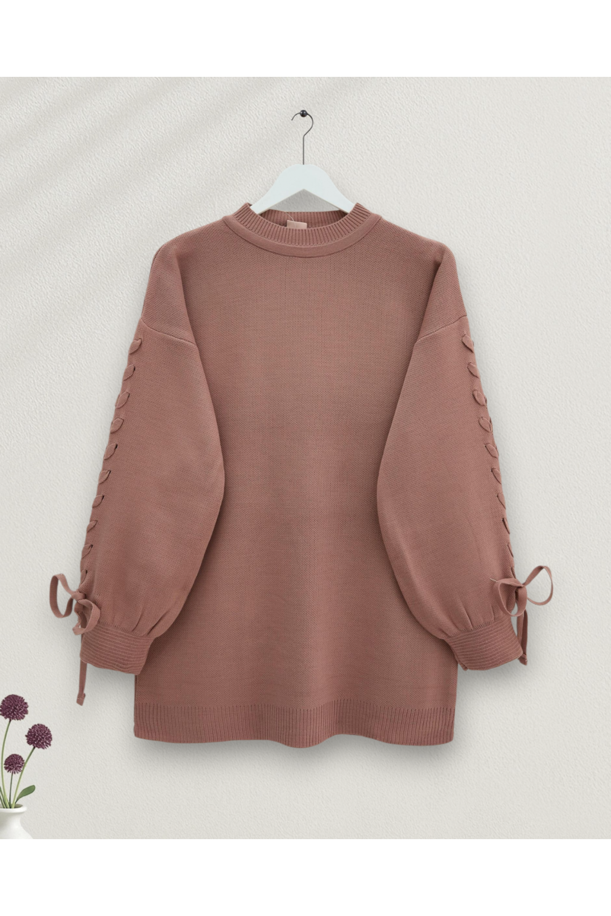 Yuvarlak Yaka Kolu Örgü Detaylı Triko Kazak -G.Kurusu