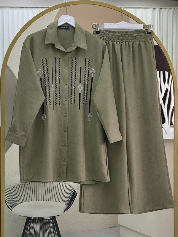 Önü Düğmeli Pul Payetli Pantolonlu Sofya Keten Takım  -Haki