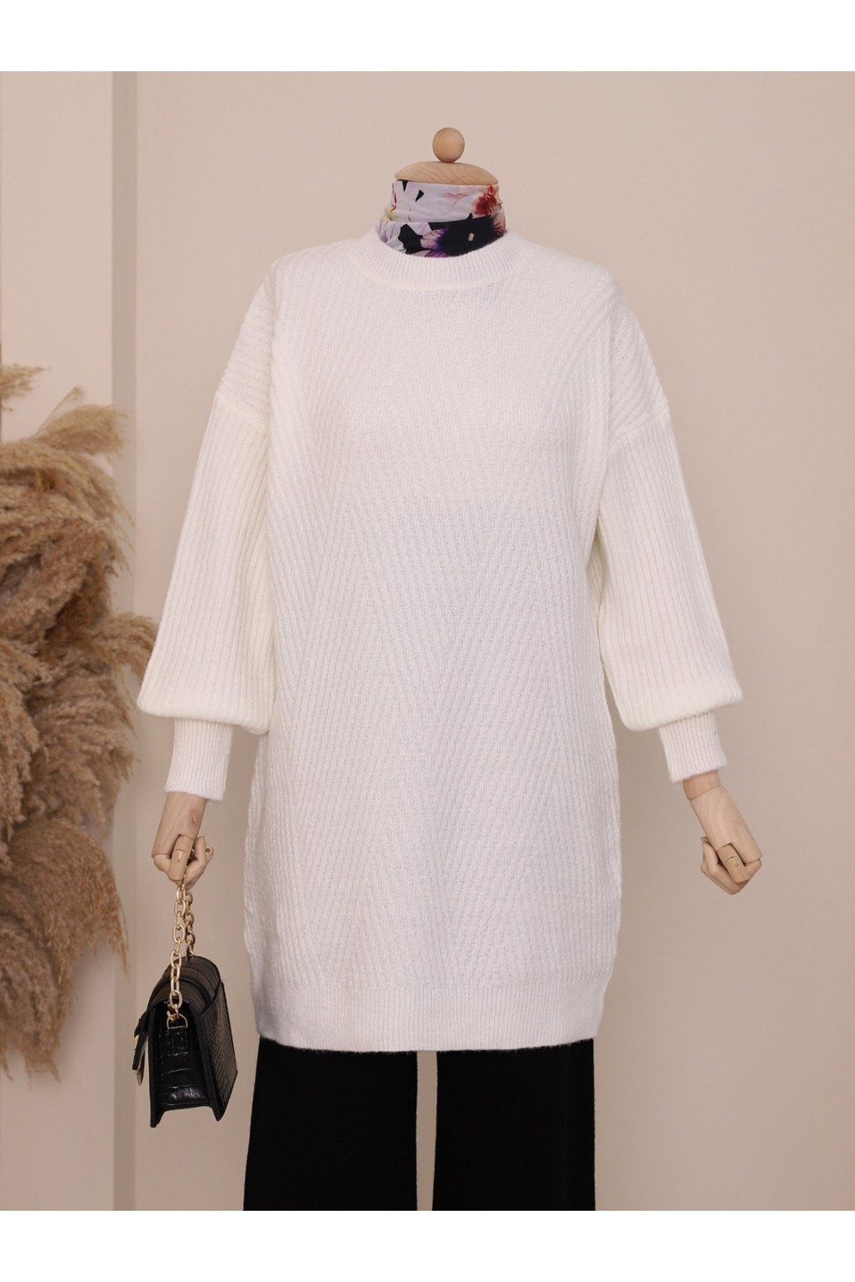 Bisiklet Yaka Baklava Desen Triko Kazak  -Beyaz