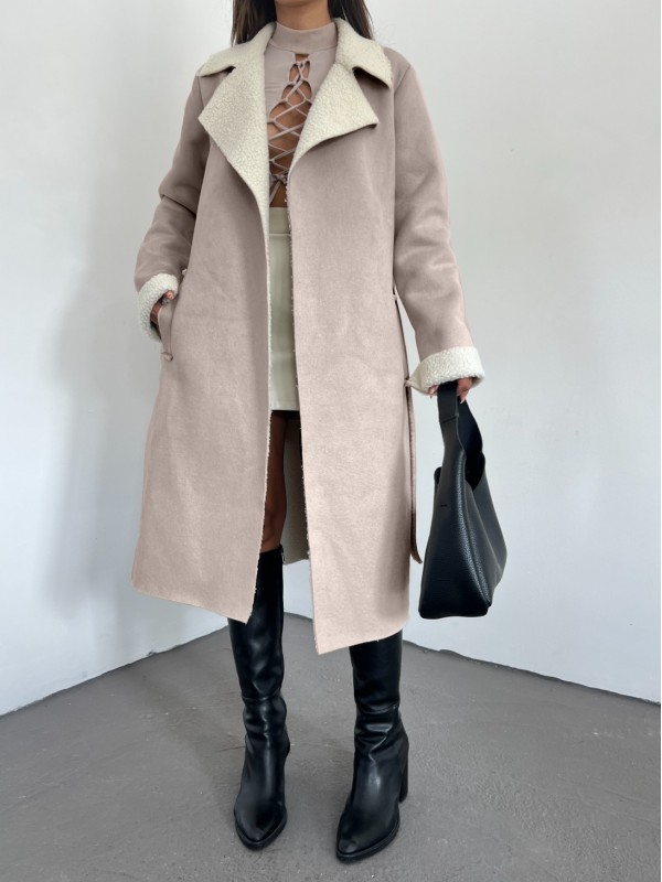 İçi Kürklü Kemerli Süet  Kaban  -Vizon