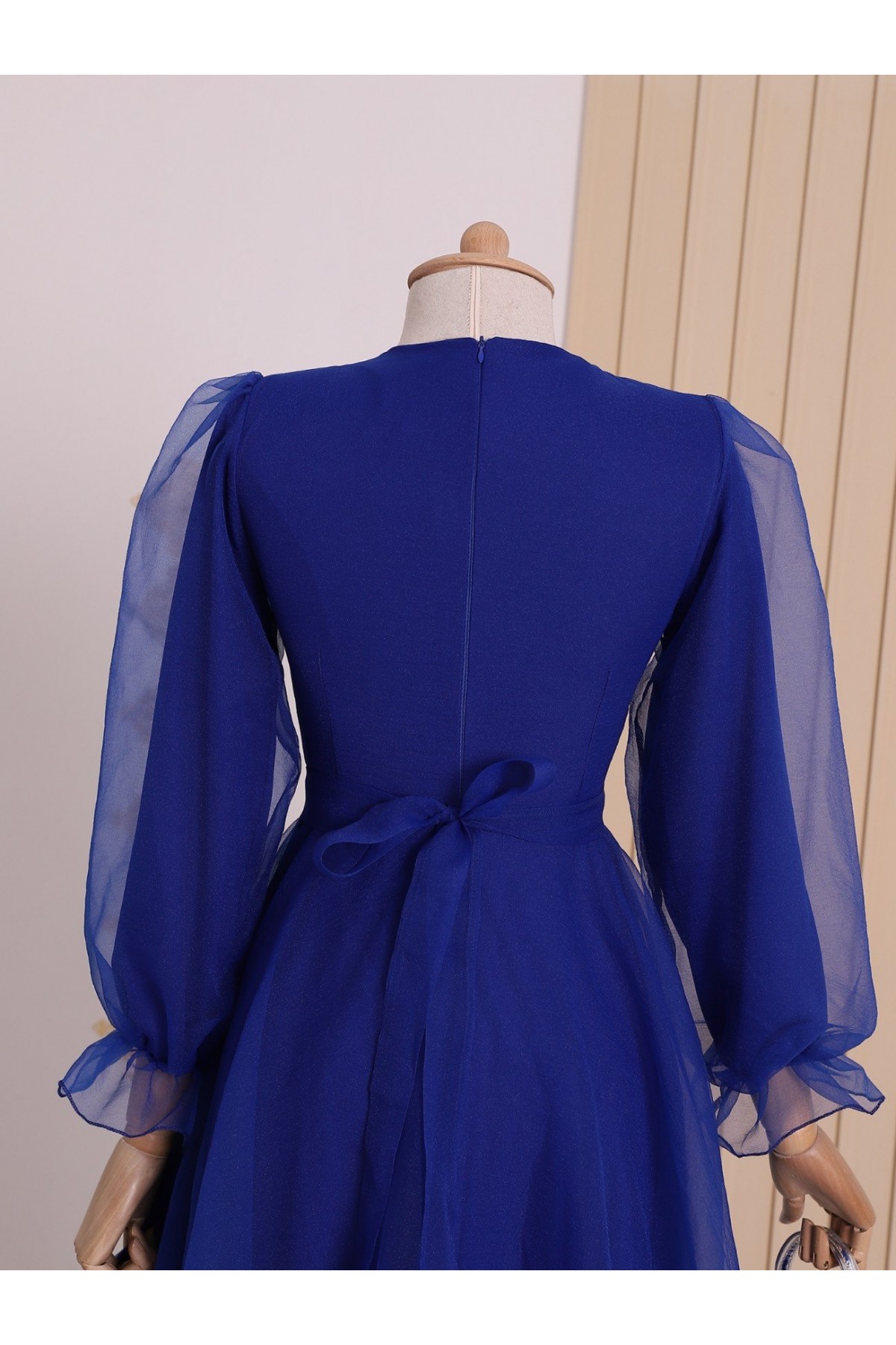 Kabarık Kol Ve Etekli Kuşaklı Tül Abiye -Saks