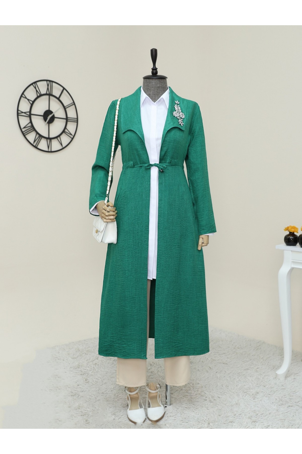 Taş İşlemeli Belden Büzgülü Keten Kap -Orman Yş.