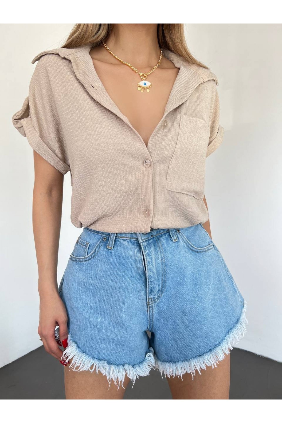 Duble Kol Tek Cepli Bürümcük Gömlek  -Bej