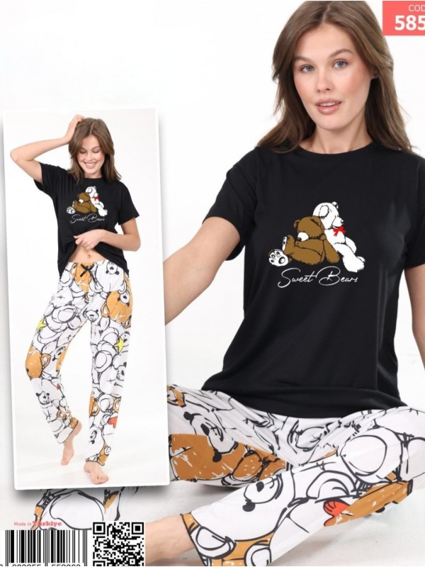 Ayıcık Desenli Kısa Kollu Pijama Takım -Siyah