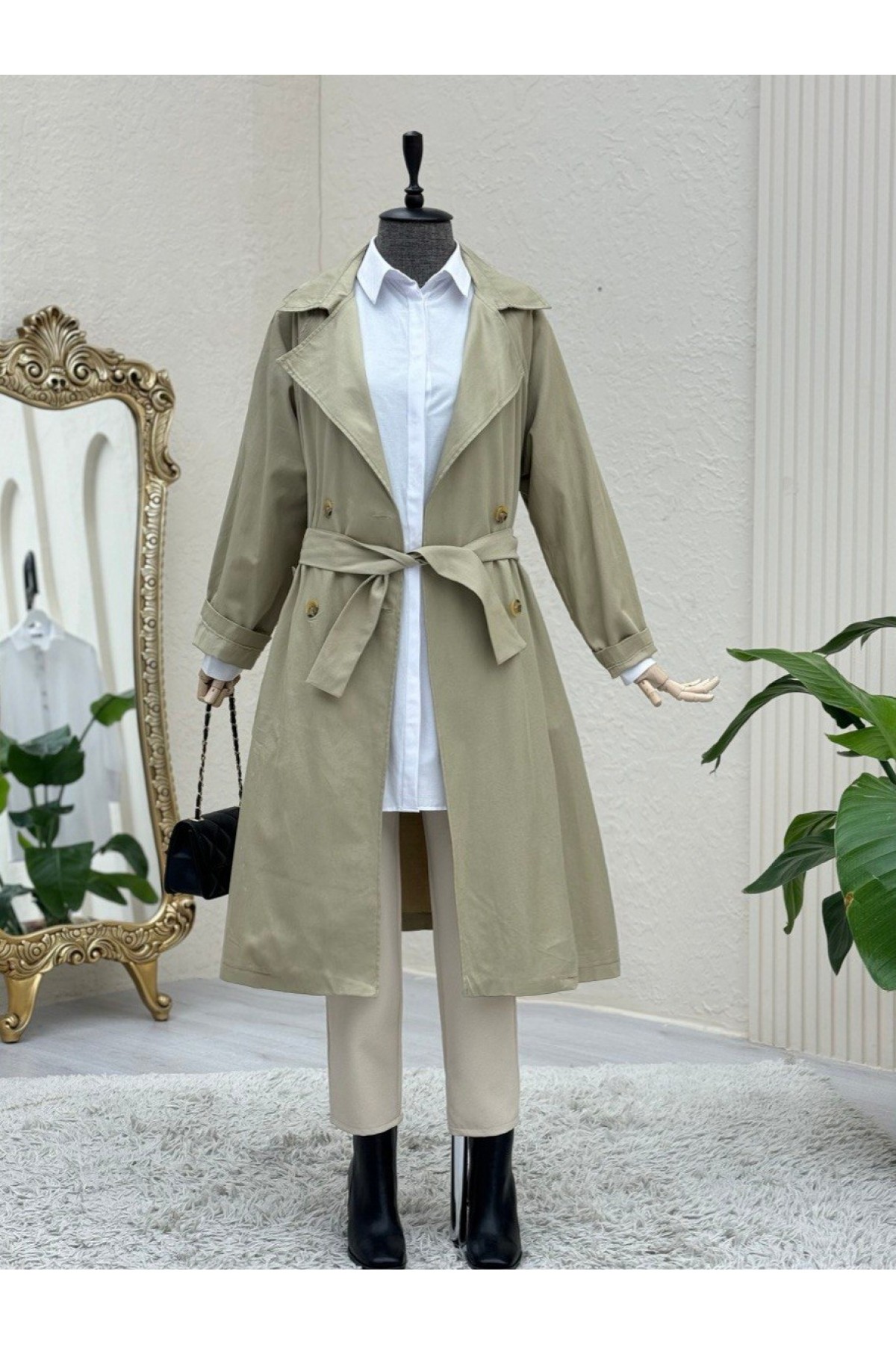 Bolero Detaylı Kemerli Araboy Trençkot -Taş