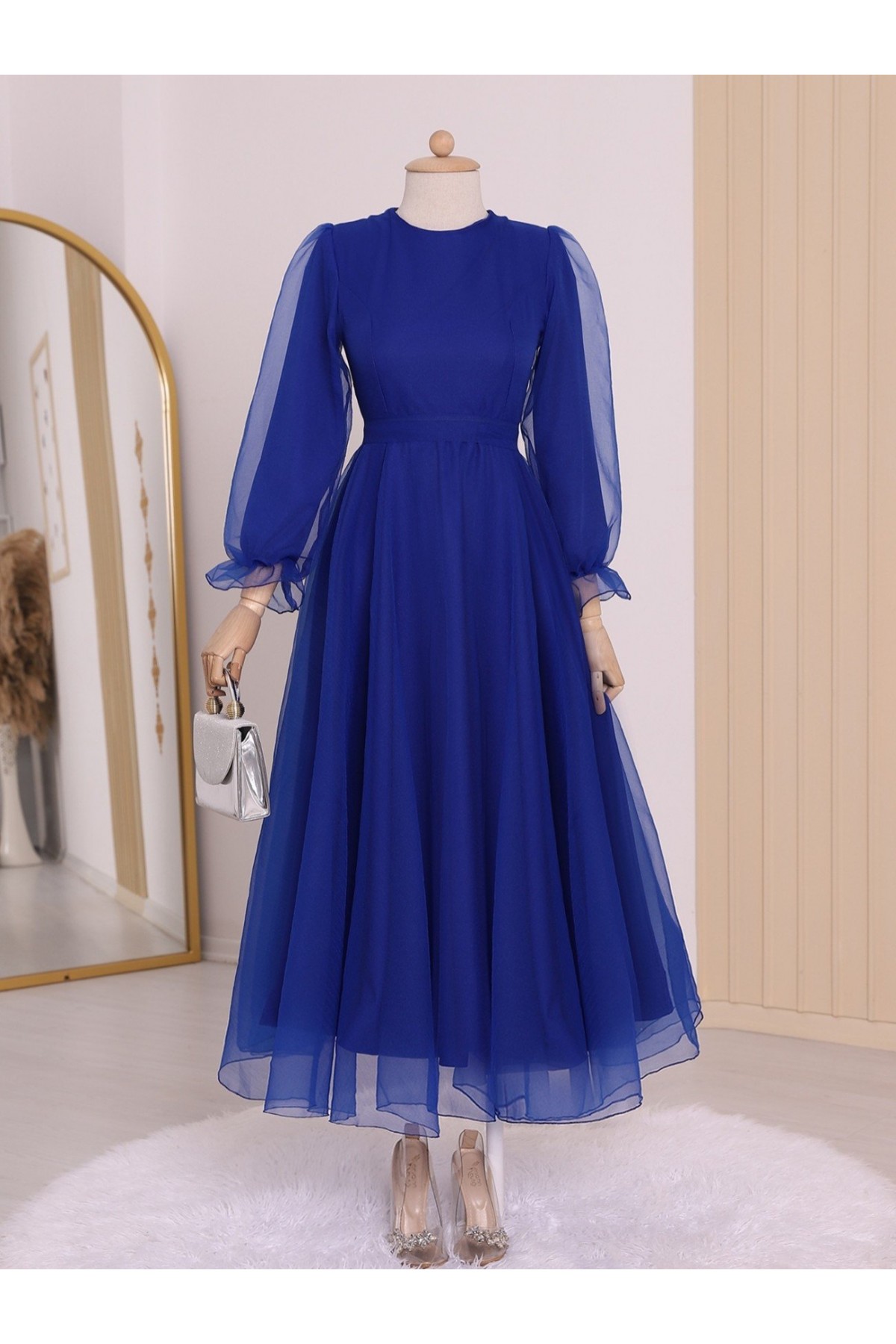 Kabarık Kol Ve Etekli Kuşaklı Tül Abiye -Saks