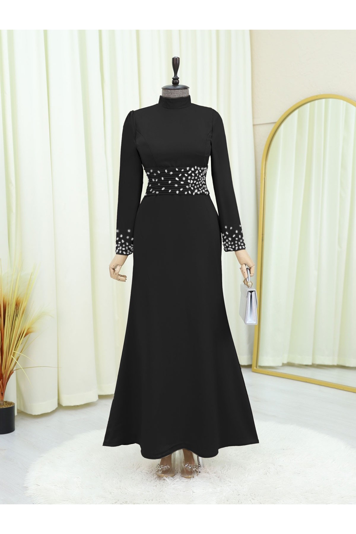Korse Kemerli Taşlı Saten Abiye  -Siyah