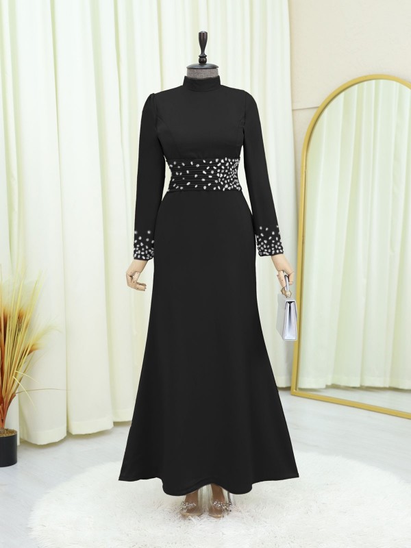 Korse Kemerli Taşlı Saten Abiye  -Siyah