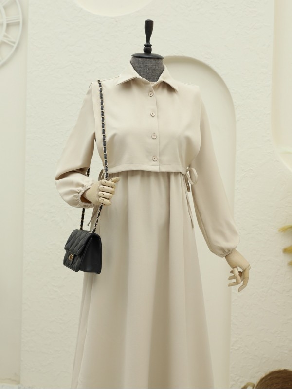 Üstü Gömlek Detaylı Elbise Takım  -Açık Vizon