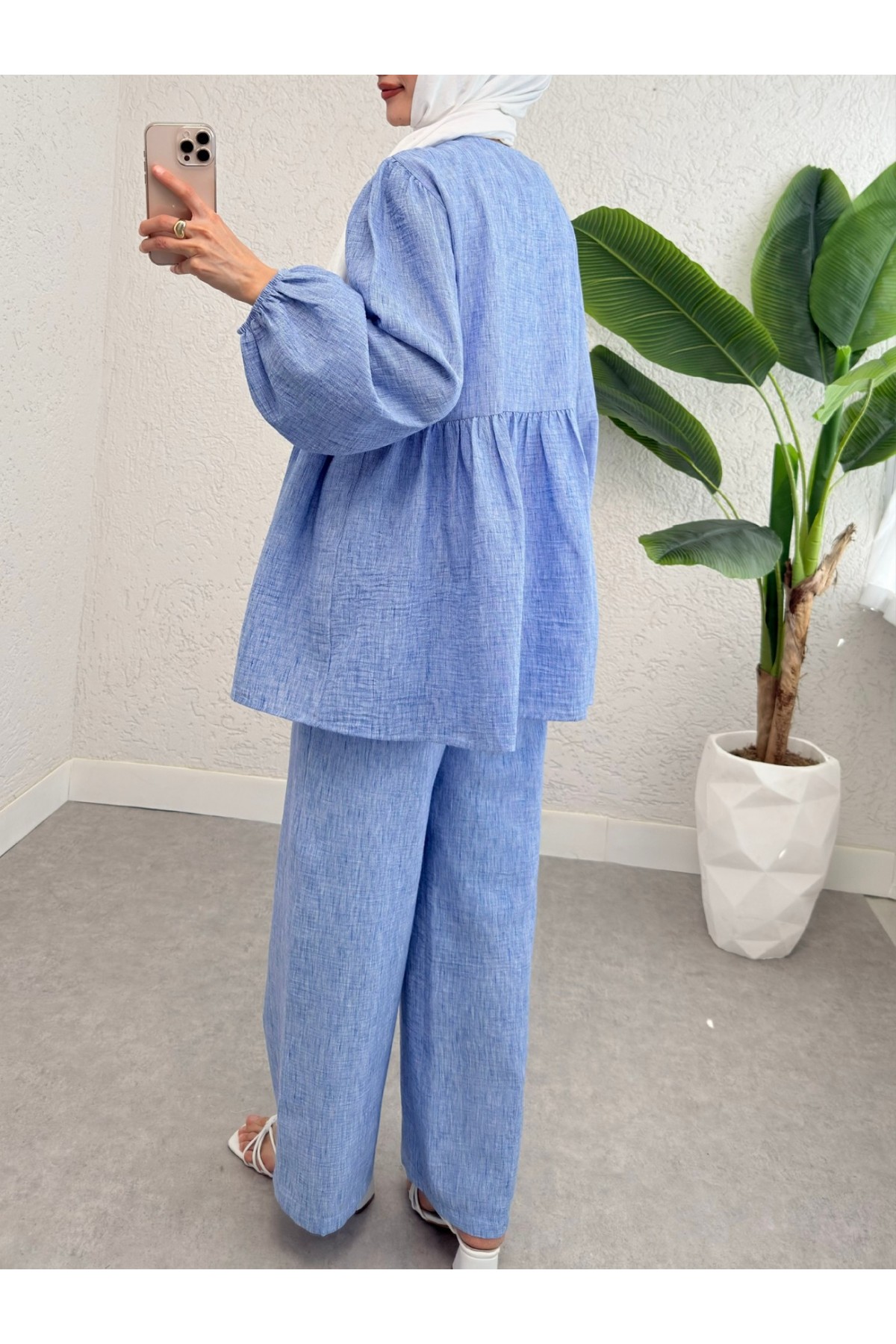 Önü Bağlamalı Parçalı Kolu Lastikli Takım  -Mavi