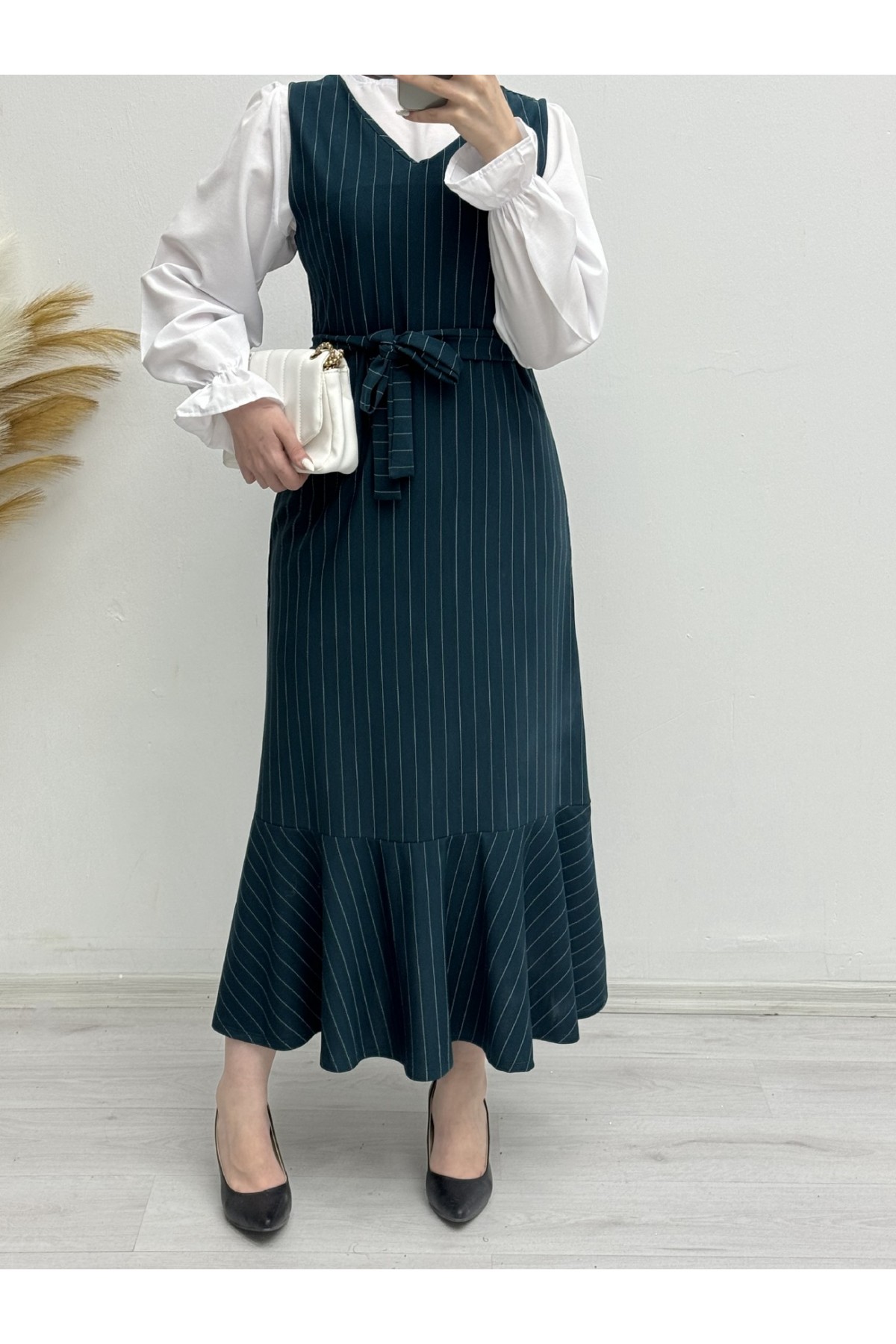 Çizgili Beli Kuşaklı Gömlek Jile Takım -Zümrüt