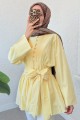 Beli Bağcıklı Boydan Taş Düğmeli Tunik -Açık Sarı