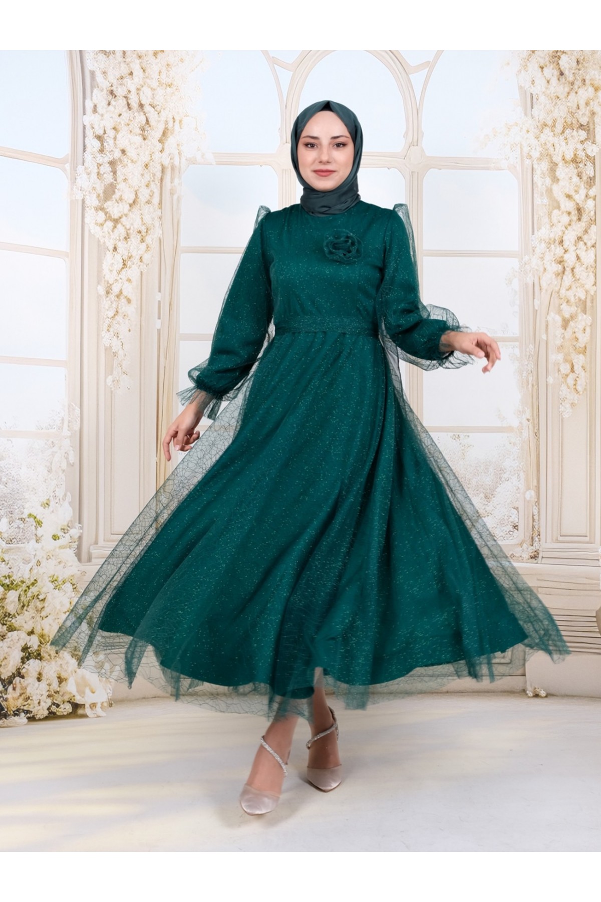 Kolu Lastikli Kuşaklı Simli Kabarık Tül  Abiye -Zümrüt