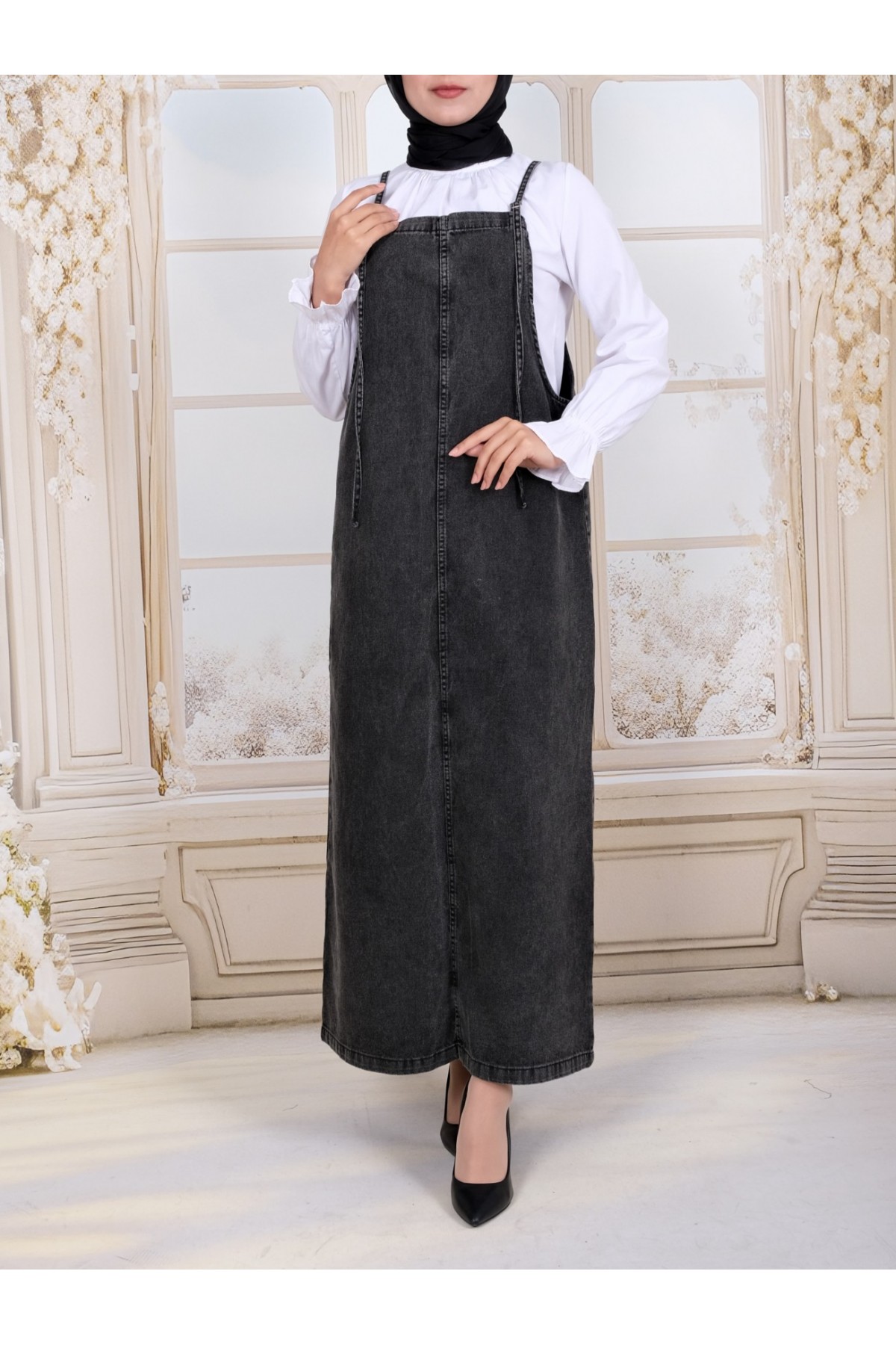 İnce Askılı Kot Jile  -Siyah