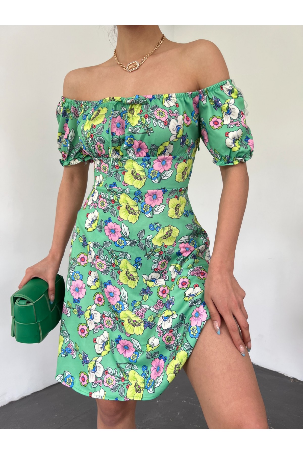 Yakası Lastikli Bağcık Detaylı Mini Elbise -A.Yeşil