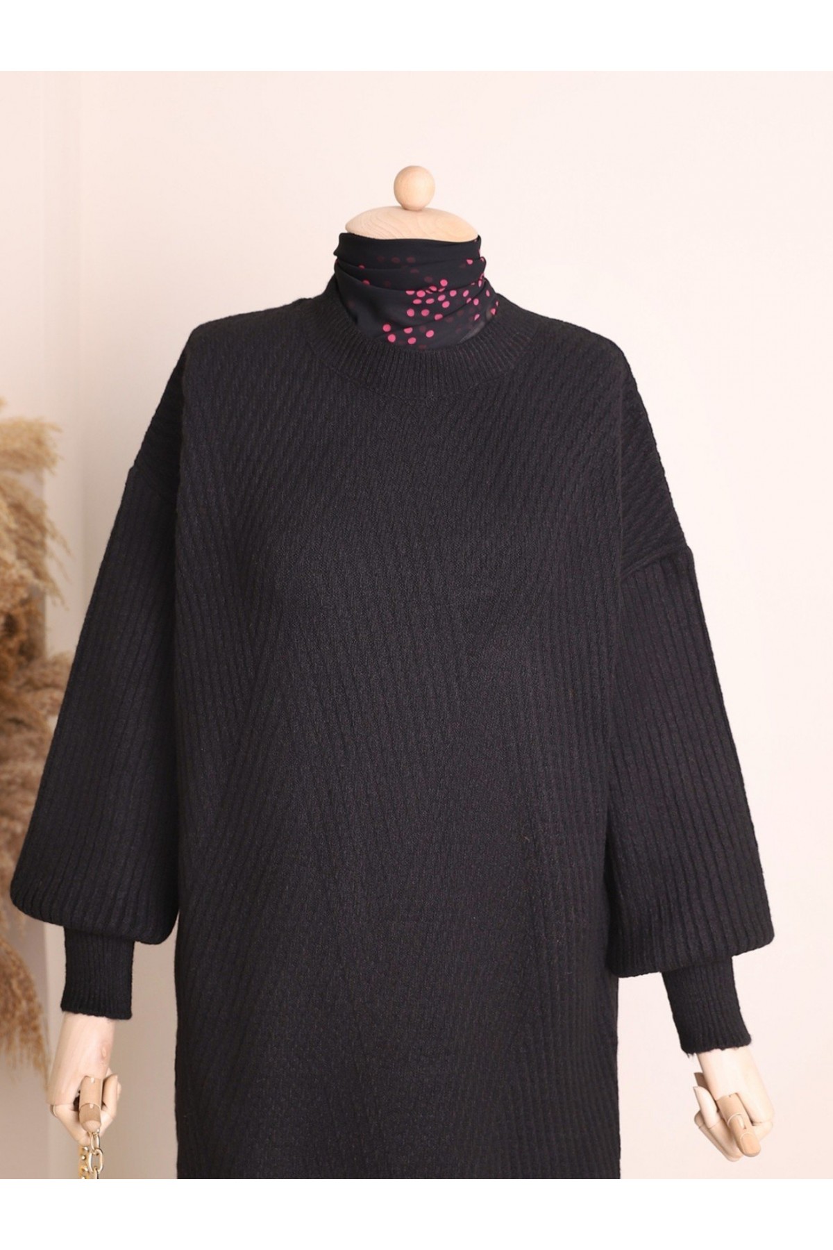 Bisiklet Yaka Baklava Desen Triko Kazak  -Siyah