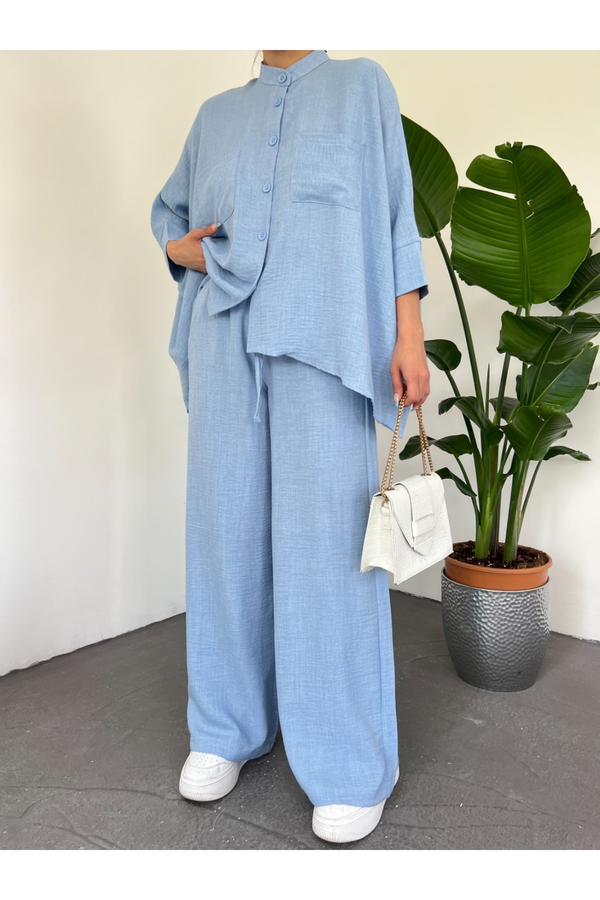 Çift Cepli Yarım Yarasa Kol Salaş Gömlek Takım -Bebe Mavi