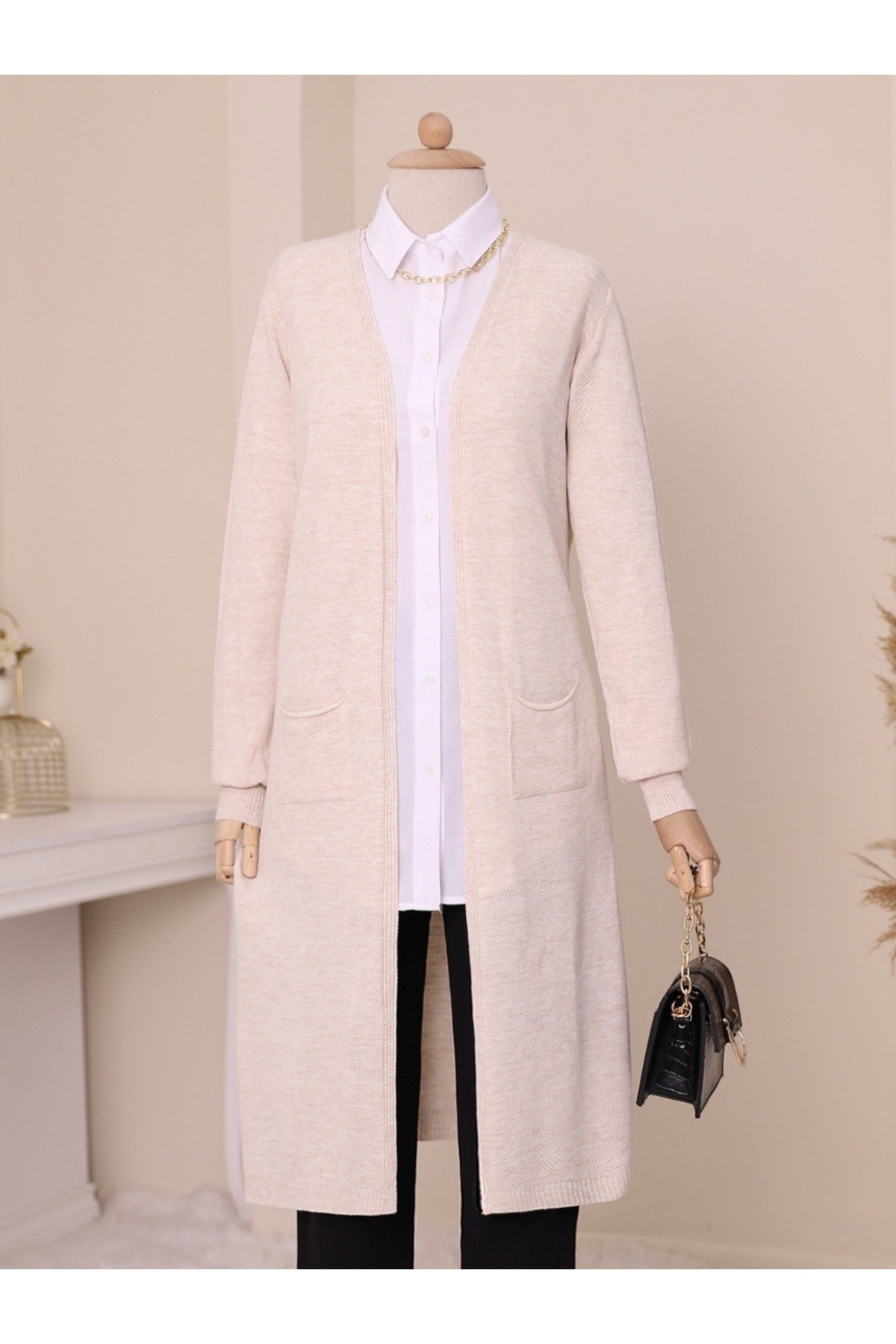 Cepli Tesettür Uzun Hırka -Taş